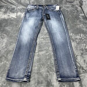 True Luck Jeans Mens 34x32 Light Wash Classic Embroider Straight Fit Stretch NEW